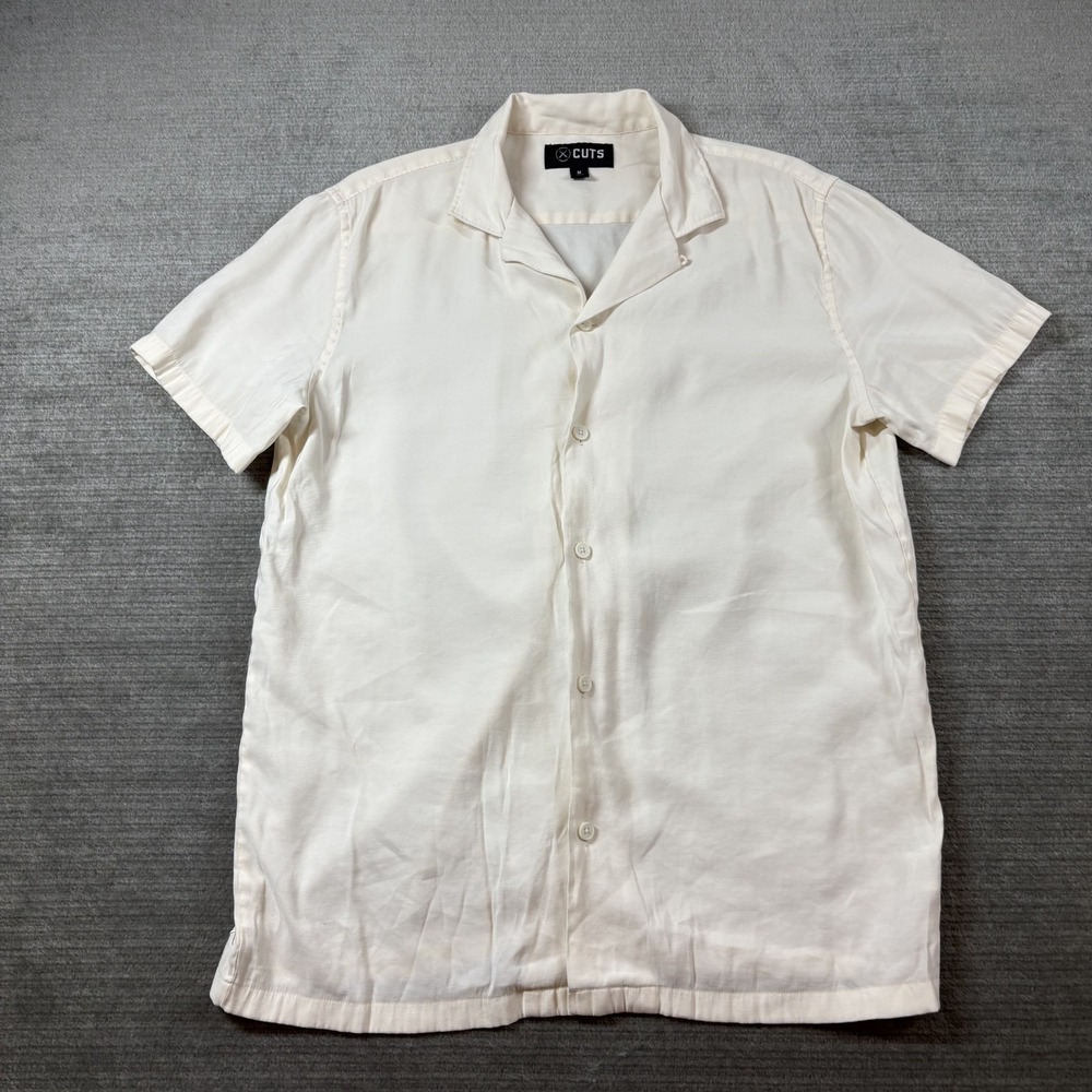 CUTS Button Down Shirt Men M Cream Loop Collar Rayon Loose Resort Beach Vacation